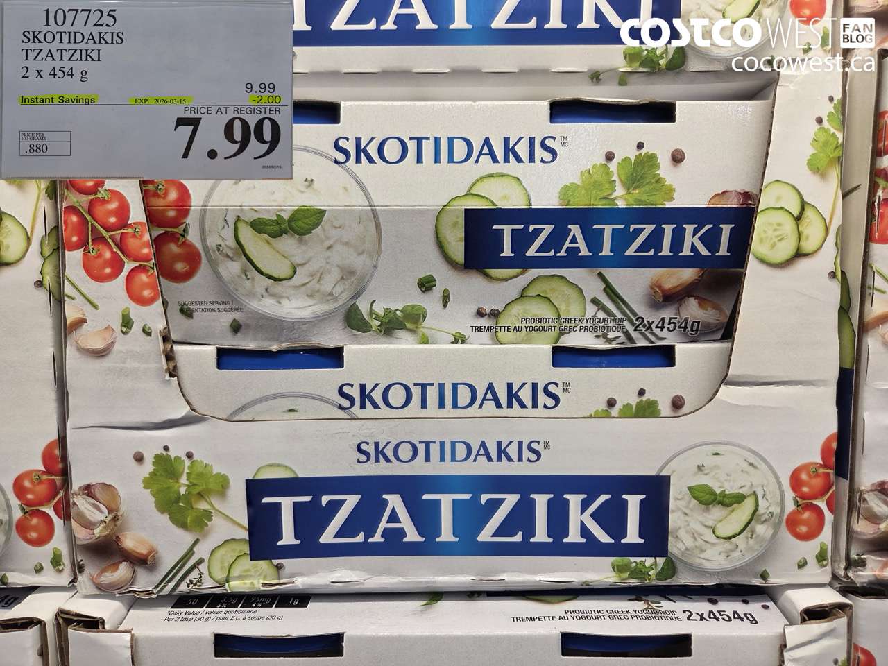 107725 SKOTIDAKIS TZATZIKI 2 x 454 g ($2.00 INSTANT SAVINGS EXPIRES ON 2026-03-15) $7.99