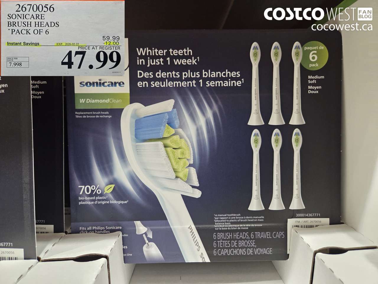 2670056 SONICARE BRUSH HEADS PACK OF 6 ($12.00 INSTANT SAVINGS EXPIRES ON 2026-02-22) $47.99