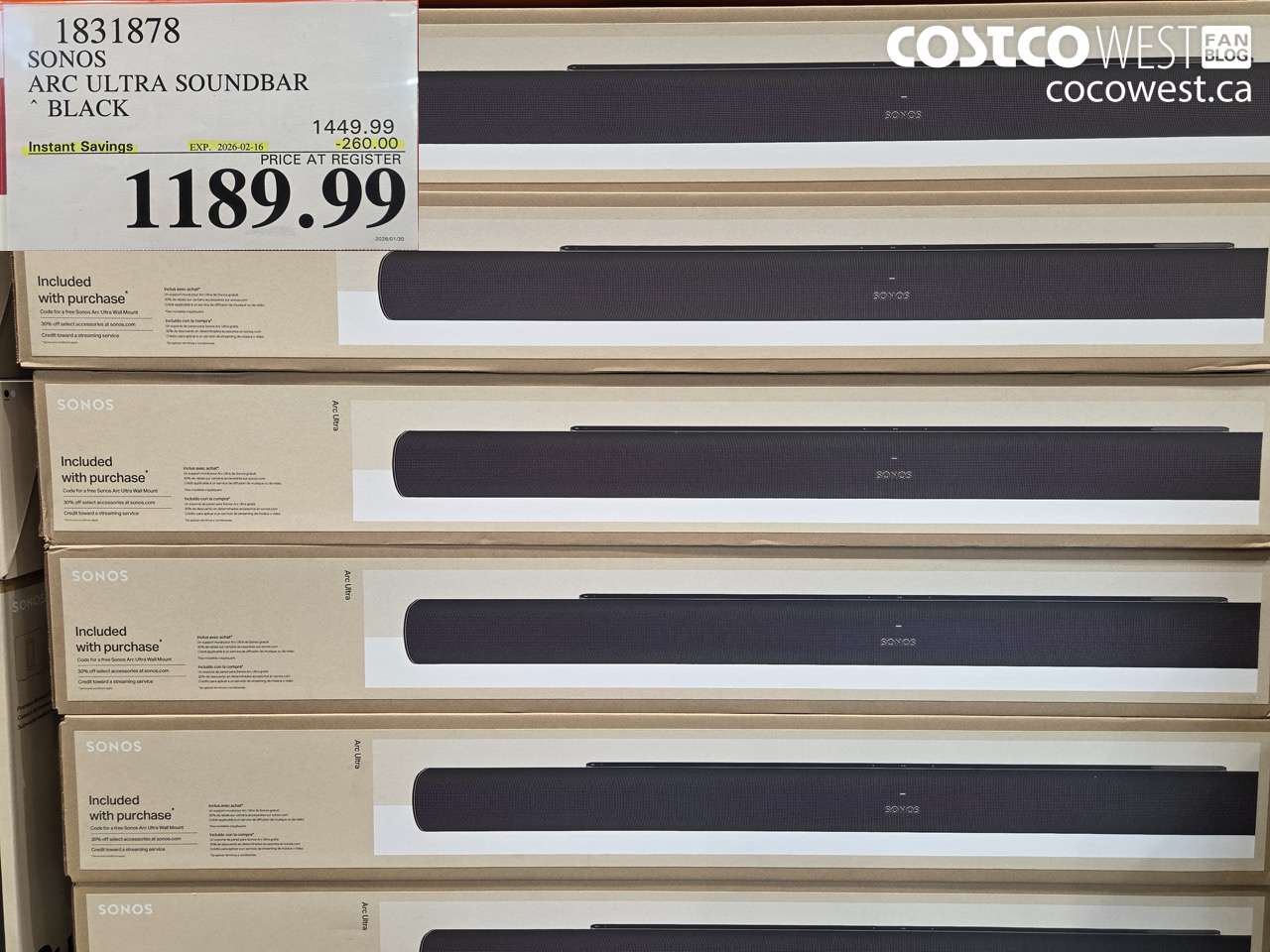 1831878 SONOS ARC ULTRA SOUNDBAR BLACK ($260.00 INSTANT SAVINGS EXPIRES ON 2026-02-16) $1189.99