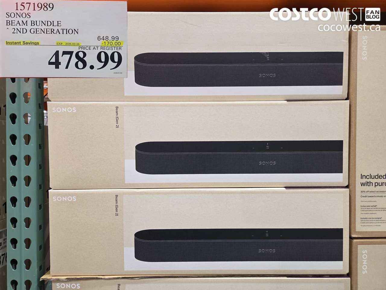 1571989 SONOS BEAM BUNDLE 2ND GENERATION ($170.00 INSTANT SAVINGS EXPIRES ON 2026-02-16) $478.99