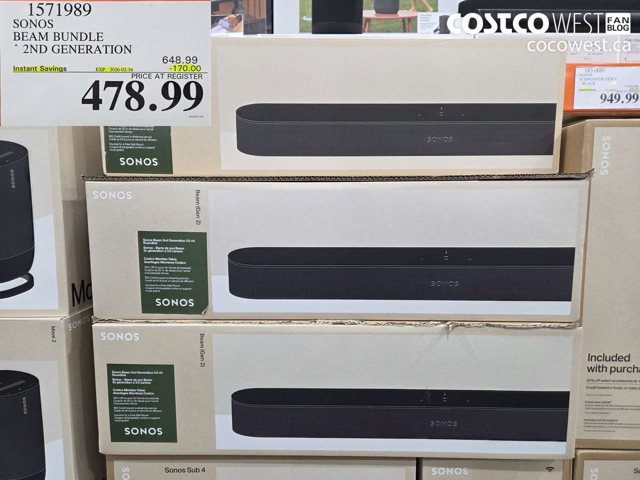 1571989 SONOS BEAM (GEN 2) BUNDLE ($170.00 INSTANT SAVINGS EXPIRES ON 2026-02-16) $478.99