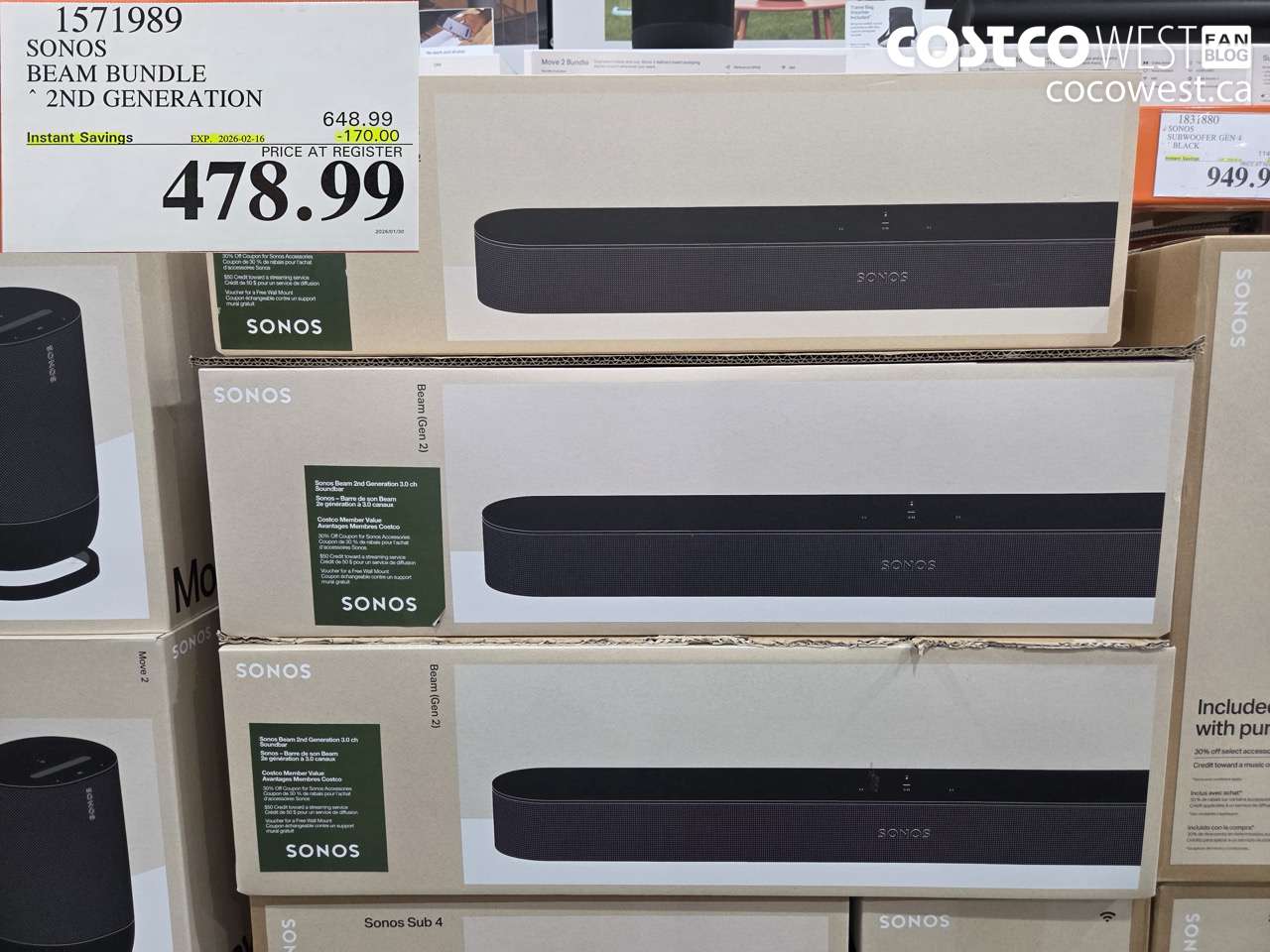 1571989 SONOS BEAM (GEN 2) BUNDLE ($170.00 INSTANT SAVINGS EXPIRES ON 2026-02-16) $478.99