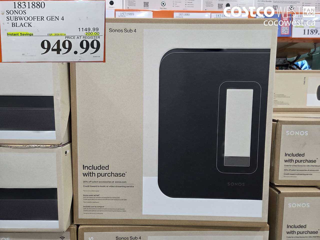 1831880 SONOS SUBWOOFER GEN 4 BLACK ($200.00 INSTANT SAVINGS EXPIRES ON 2026-02-16) $949.99