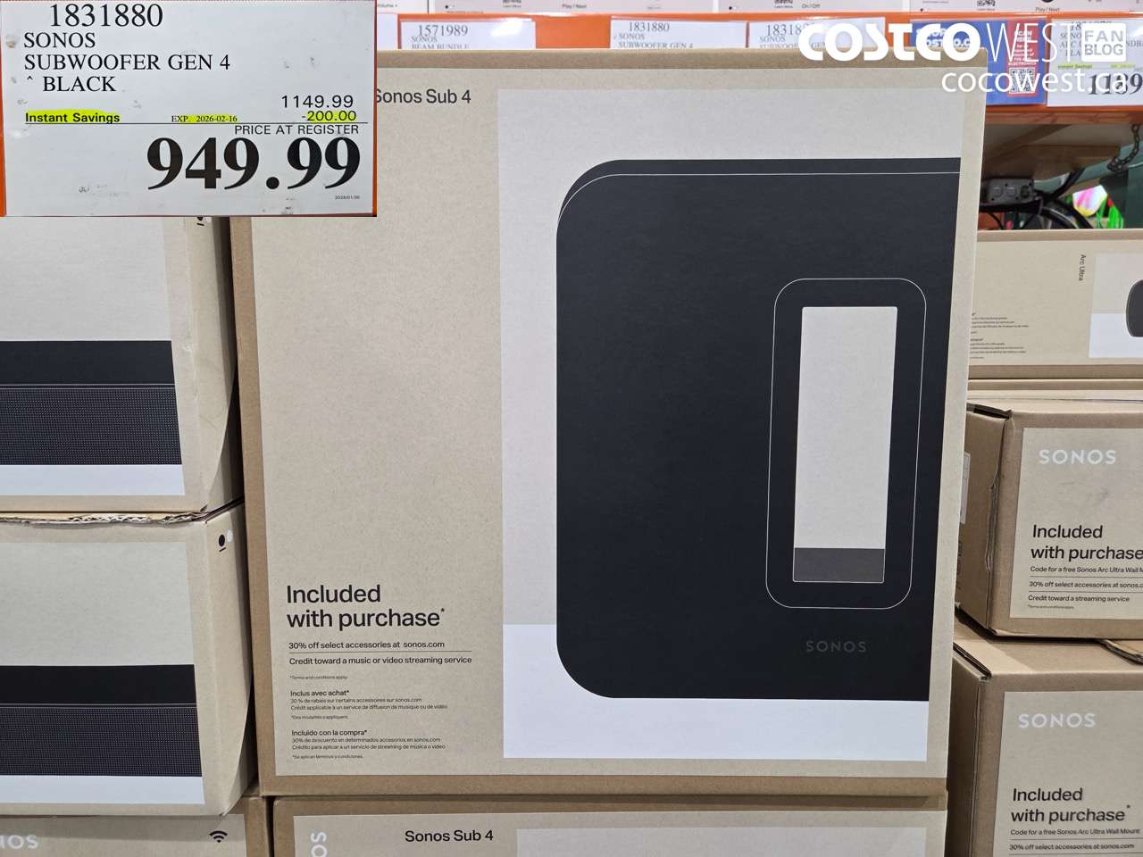 1831880 SONOS SUBWOOFER GEN 4 BLACK ($200.00 INSTANT SAVINGS EXPIRES ON 2026-02-16) $949.99