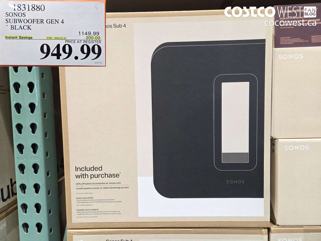 1831880 SONOS SUBWOOFER GEN 4 BLACK ($200.00 INSTANT SAVINGS EXPIRES ON 2026-02-16) $949.99