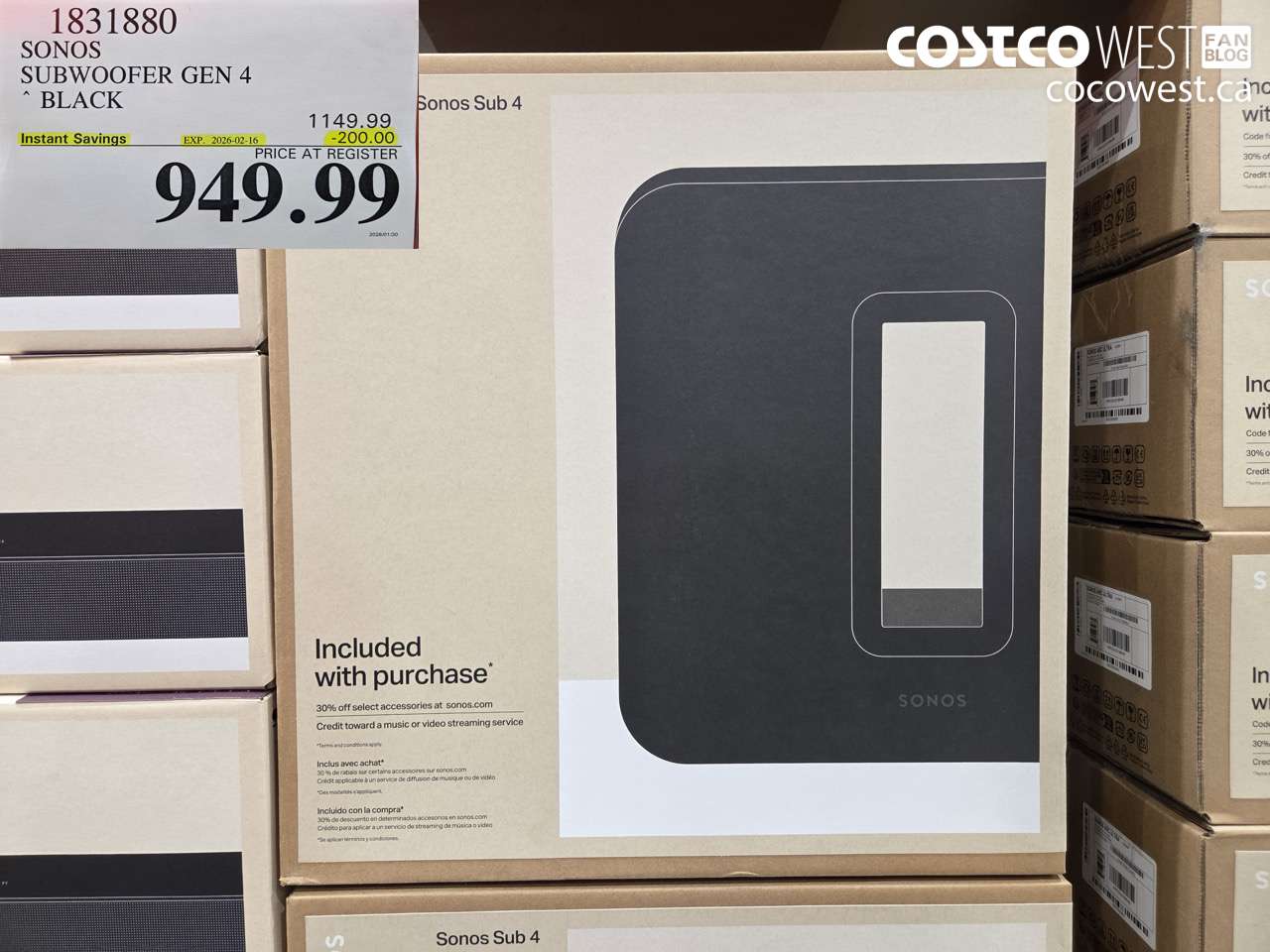 1831880 SONOS SUBWOOFER GEN 4 BLACK ($200.00 INSTANT SAVINGS EXPIRES ON 2026-02-16) $949.99