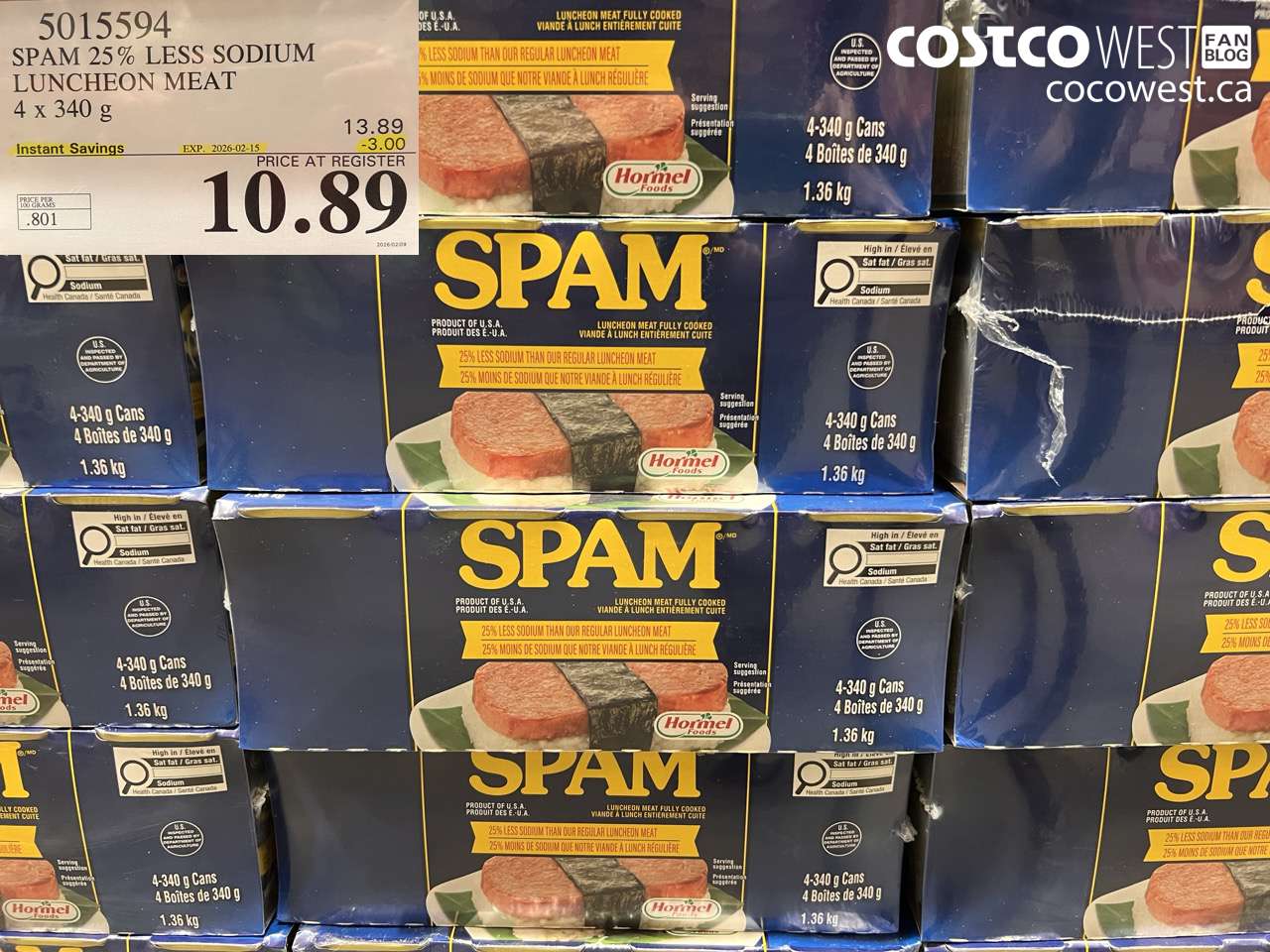 5015594 SPAM 25% LESS SODIUM LUNCHEON MEAT 4 x 340 g ($3.00 INSTANT SAVINGS EXPIRES ON 2026-02-15) $10.89