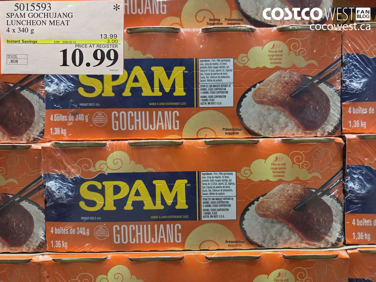 5015593 SPAM GOCHUJANG LUNCHEON MEAT 4 X 340G ($3.00 INSTANT SAVINGS EXPIRES ON 2026-02-15) $10.99