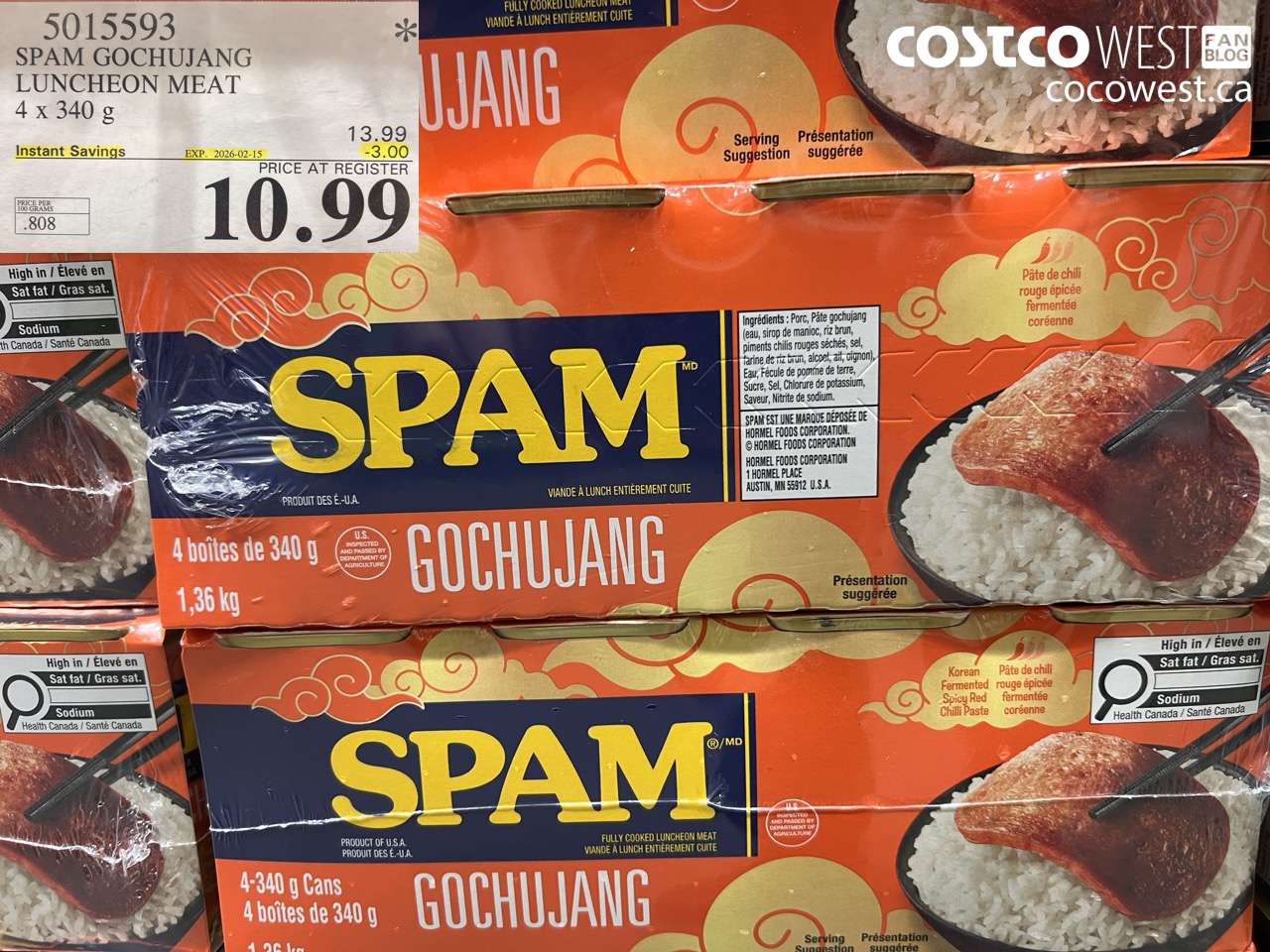 5015593 SPAM GOCHUJANG LUNCHEON MEAT 4 x 340 g ($3.00 INSTANT SAVINGS EXPIRES ON 2026-02-15) $10.99