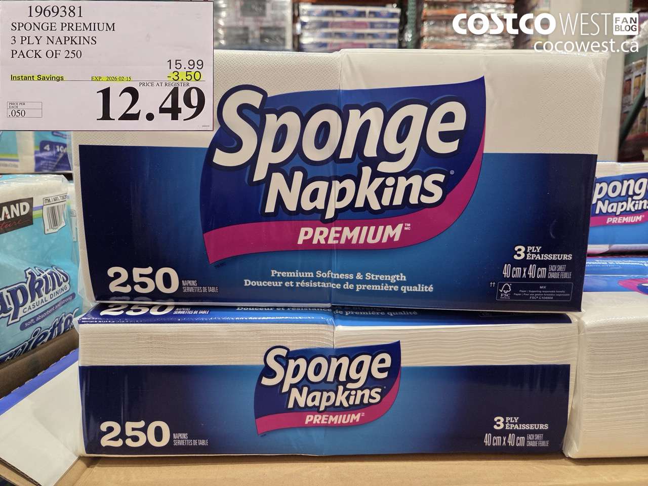 1969381 SPONGE PREMIUM 3 PLY NAPKINS PACK OF 250 ($3.50 INSTANT SAVINGS EXPIRES ON 2026-02-15) $12.49