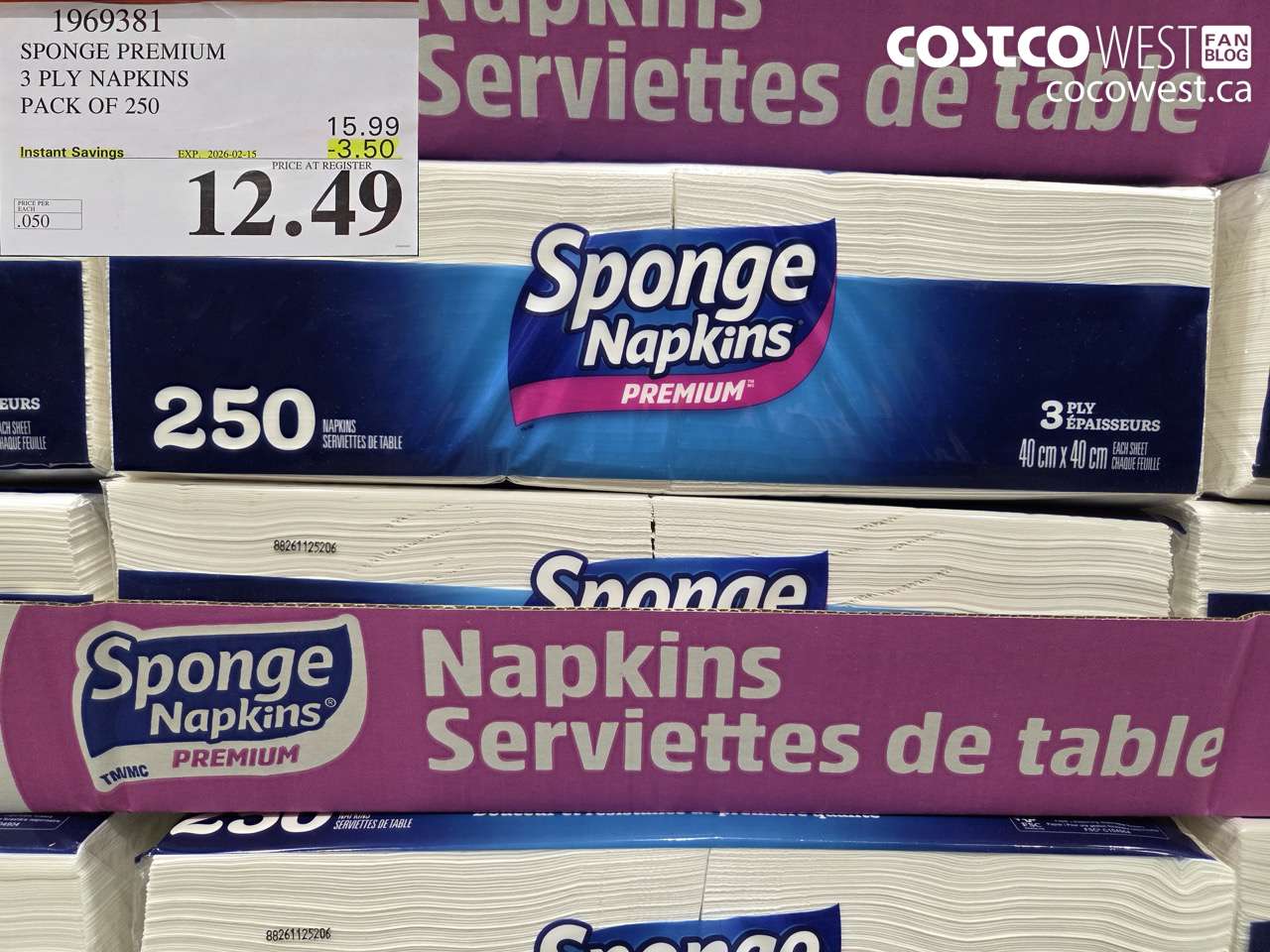 1969381 SPONGE PREMIUM 3 PLY NAPKINS PACK OF 250 ($3.50 INSTANT SAVINGS EXPIRES ON 2026-02-15) $12.49