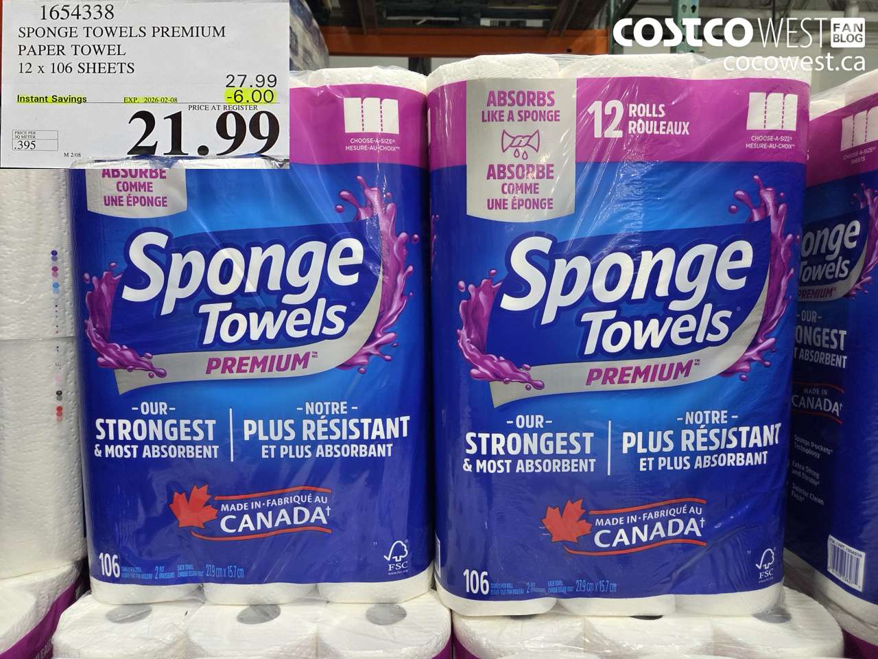 1654338 SPONGE TOWELS PREMIUM PAPER TOWEL 12 X 106 SHEETS ($6.00 INSTANT SAVINGS EXPIRES ON 2026-02-08) $21.99