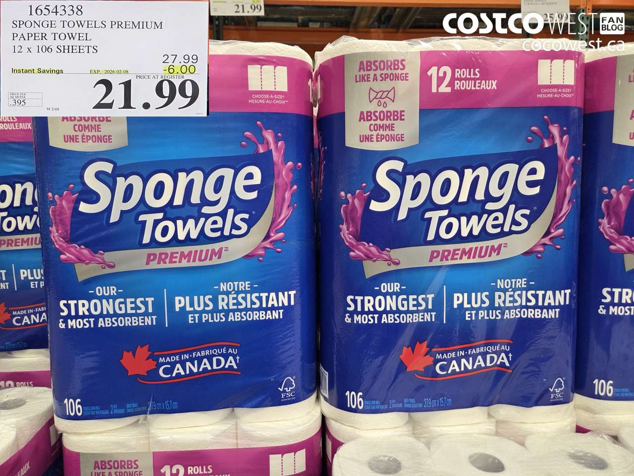 1654338 SPONGE TOWELS PREMIUM PAPER TOWEL 12 x 106 SHEETS ($6.00 INSTANT SAVINGS EXPIRES ON 2026-02-08) $21.99