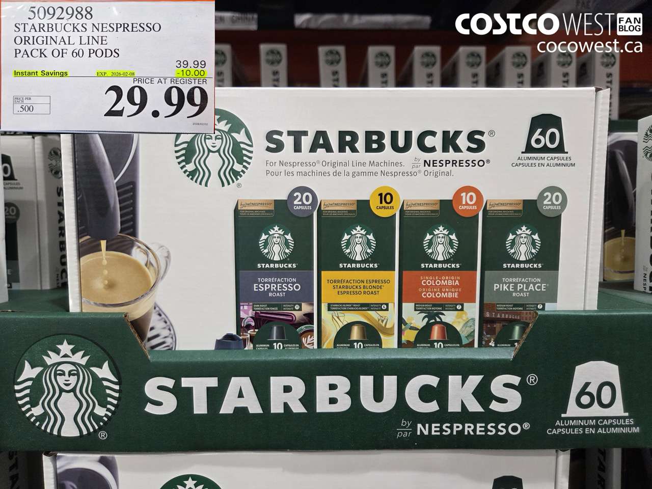 5092988 STARBUCKS NESPRESSO ORIGINAL LINE PACK OF 60 PODS ($10.00 INSTANT SAVINGS EXPIRES ON 2026-02-08) $29.99