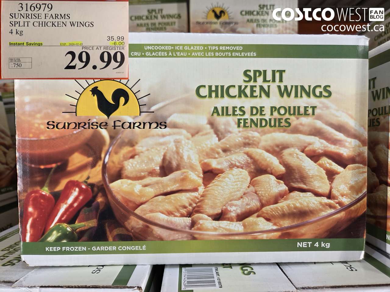 316979 SUNRISE FARMS SPLIT CHICKEN WINGS 4 kg ($6.00 INSTANT SAVINGS EXPIRES ON 2026-02-03) $29.99