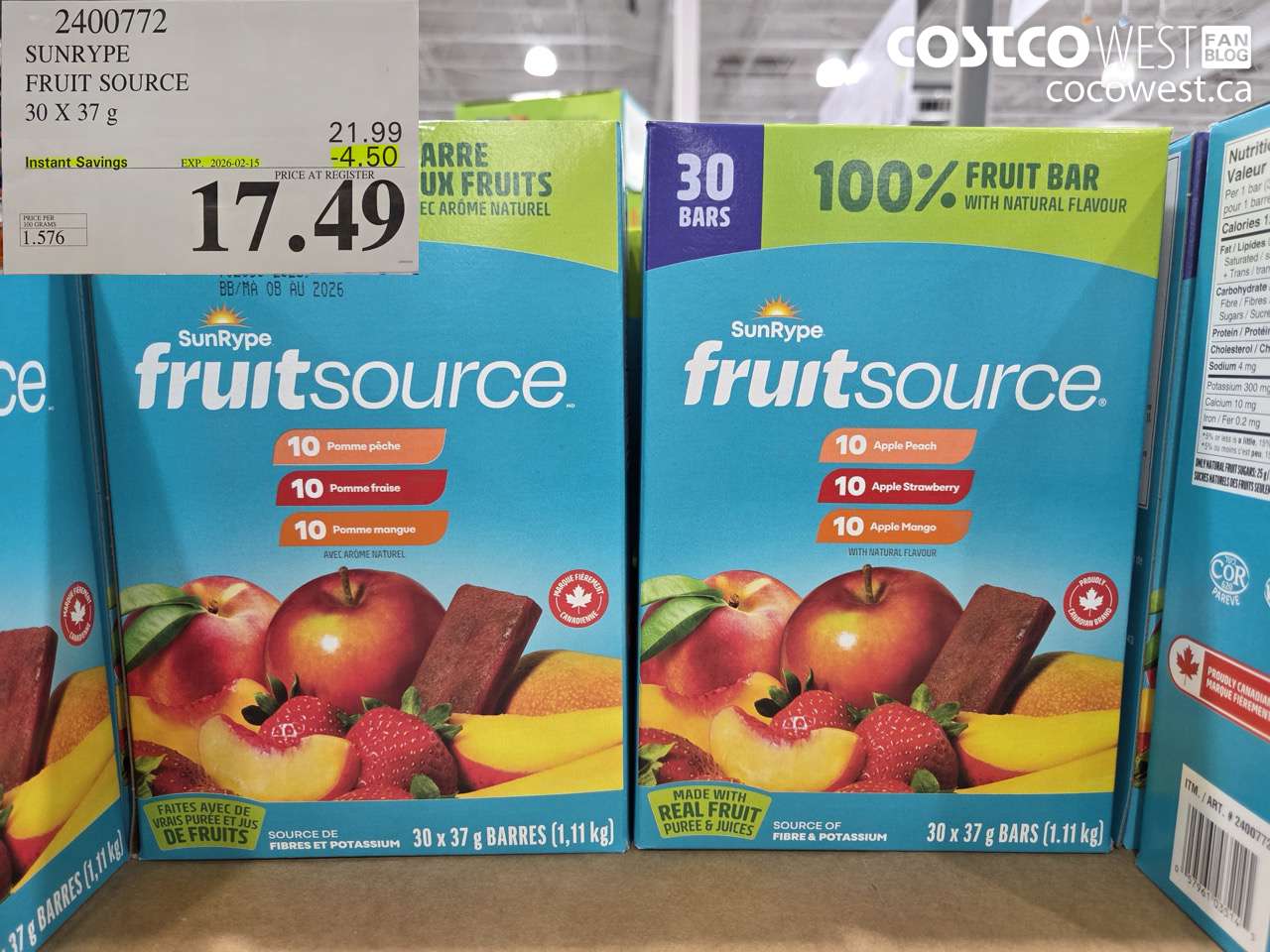 2400772 SUNRYPE FRUIT SOURCE 30 X 37 g ($4.50 INSTANT SAVINGS EXPIRES ON 2026-02-15) $17.49