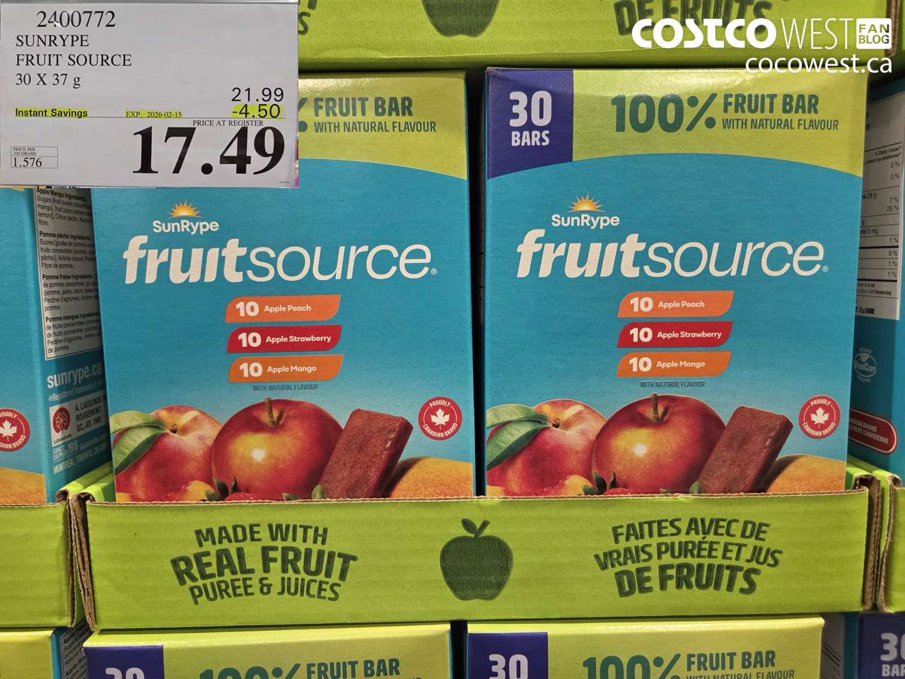2400772 SUNRYPE FRUIT SOURCE 30 X 37 g ($4.50 INSTANT SAVINGS EXPIRES ON 2026-02-15) $17.49