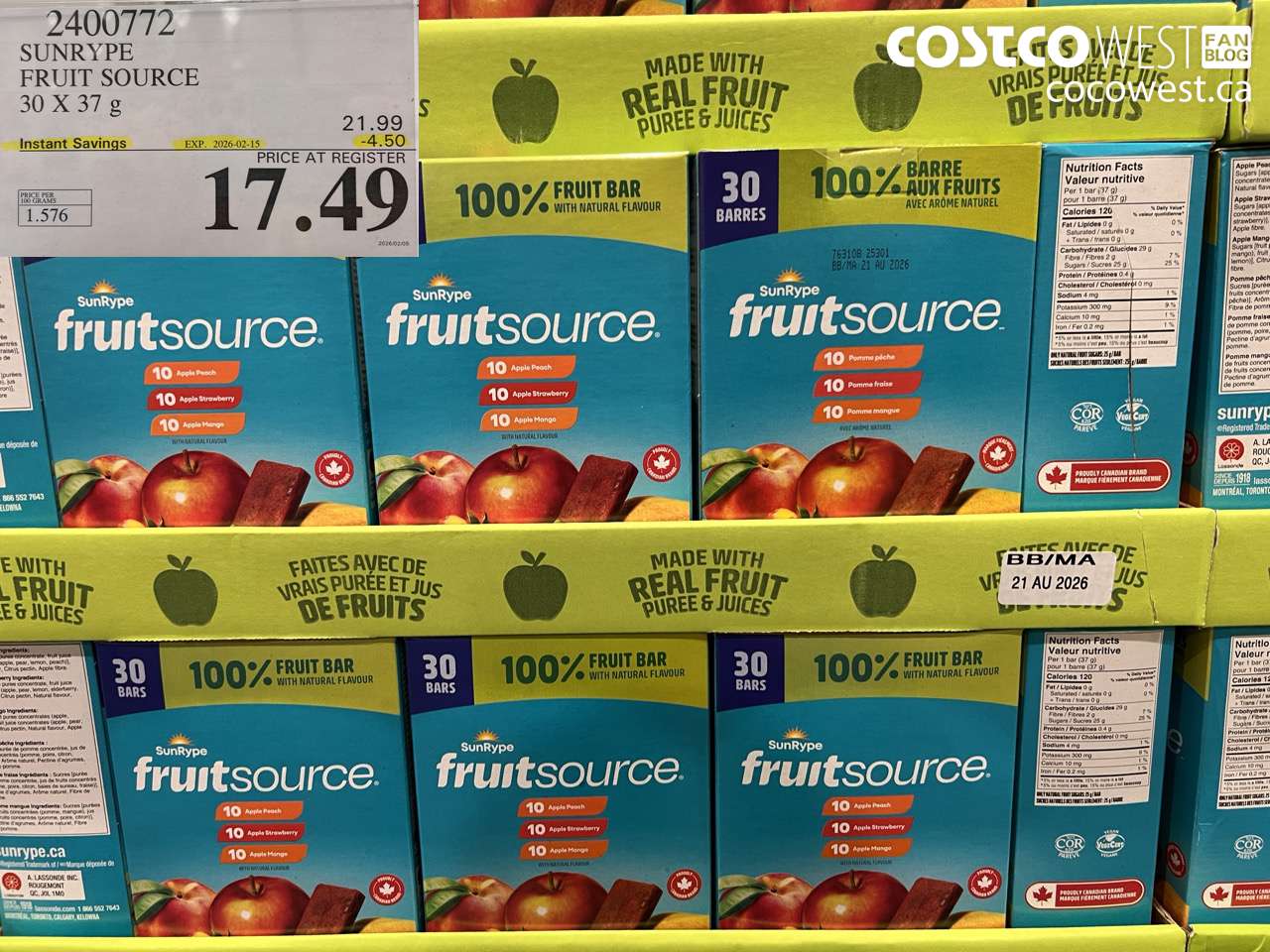 24007772 SUNRYPE FRUIT SOURCE 30 X 37 g ($4.50 INSTANT SAVINGS EXPIRES ON 2026-02-15) $17.49
