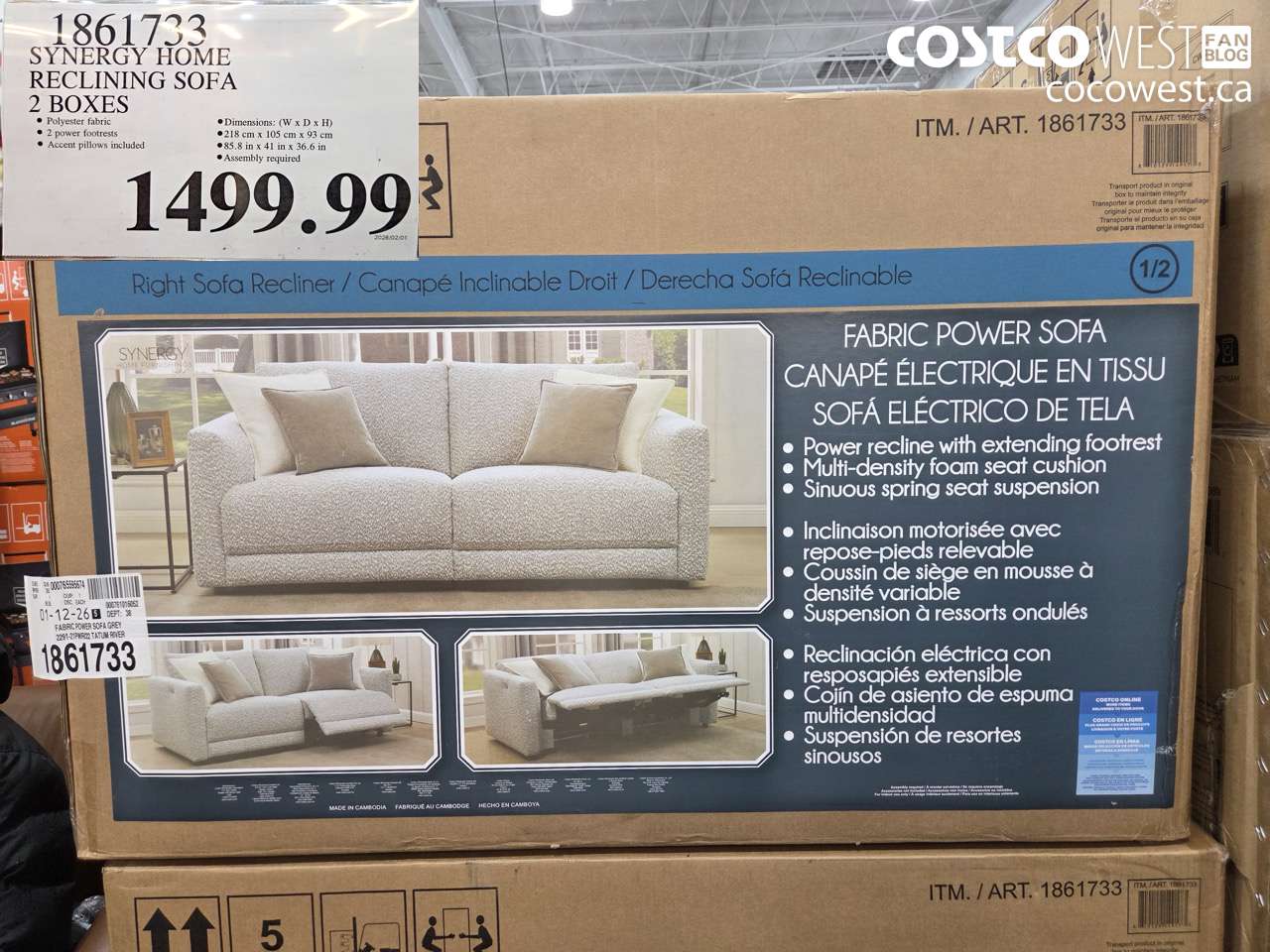 1861733 SYNERGY HOME RECLINING SOFA 2 BOXES $1499.99