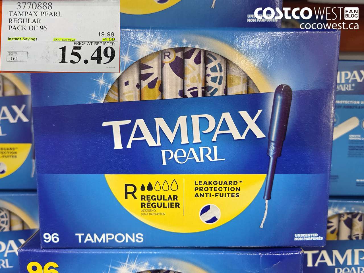 3770888 TAMPAX PEARL REGULAR PACK OF 96 ($4.50 INSTANT SAVINGS EXPIRES ON 2026-02-22) $15.49