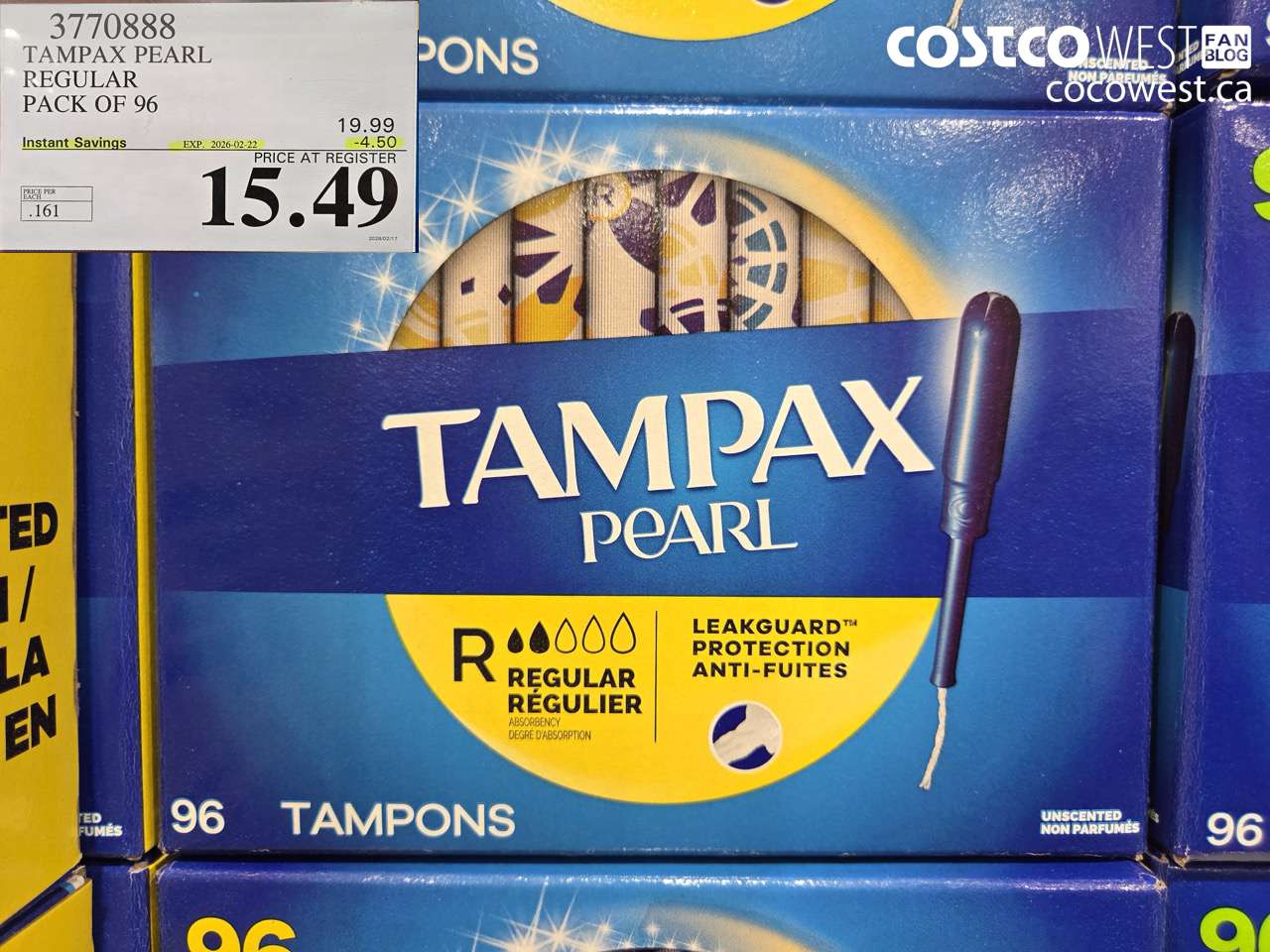 3770888 TAMPAX PEARL REGULAR PACK OF 96 ($4.50 INSTANT SAVINGS EXPIRES ON 2026-02-22) $15.49