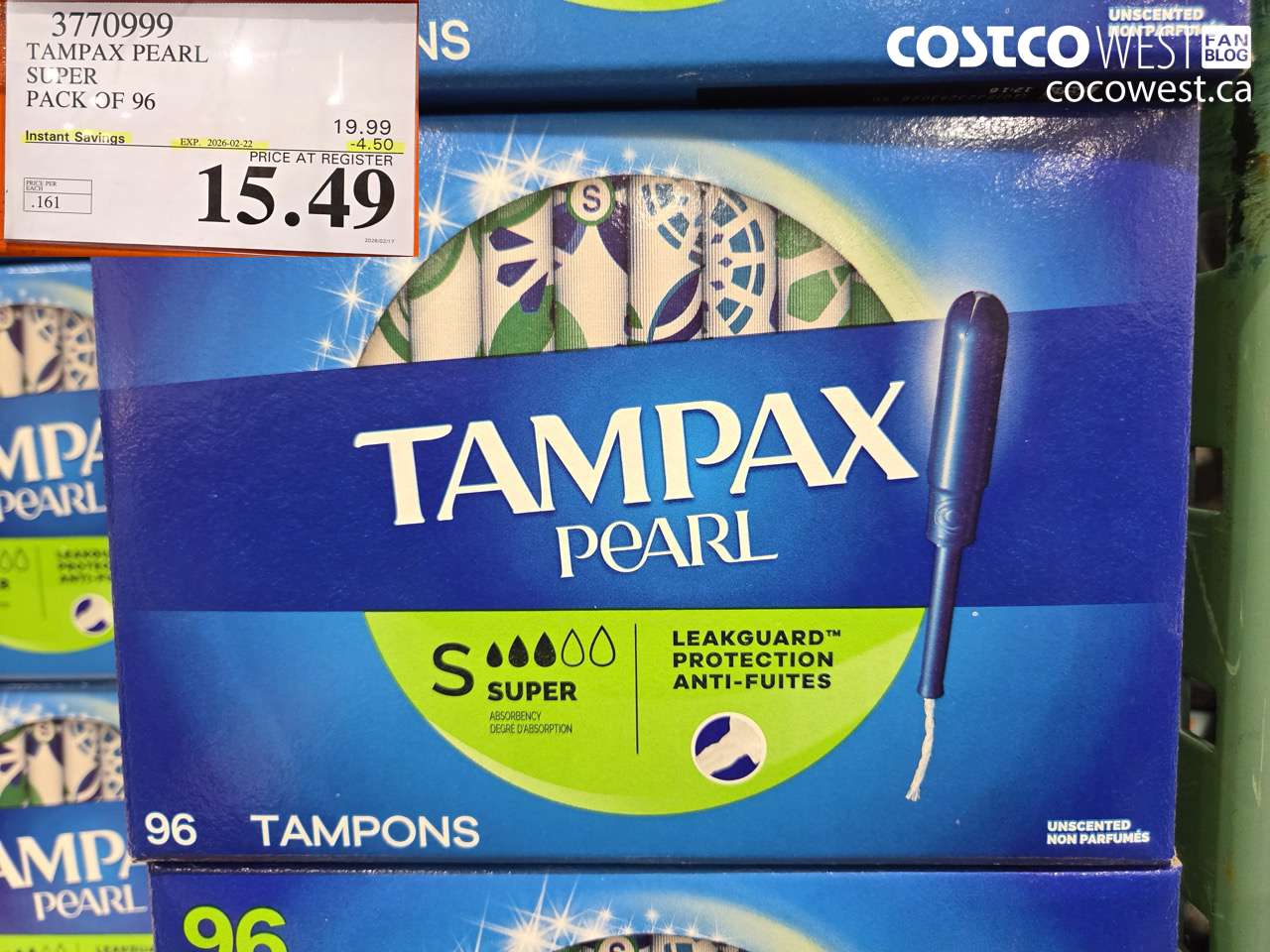 3770999 TAMPAX PEARL SUPER PACK OF 96 ($4.50 INSTANT SAVINGS EXPIRES ON 2026-02-22) $15.49