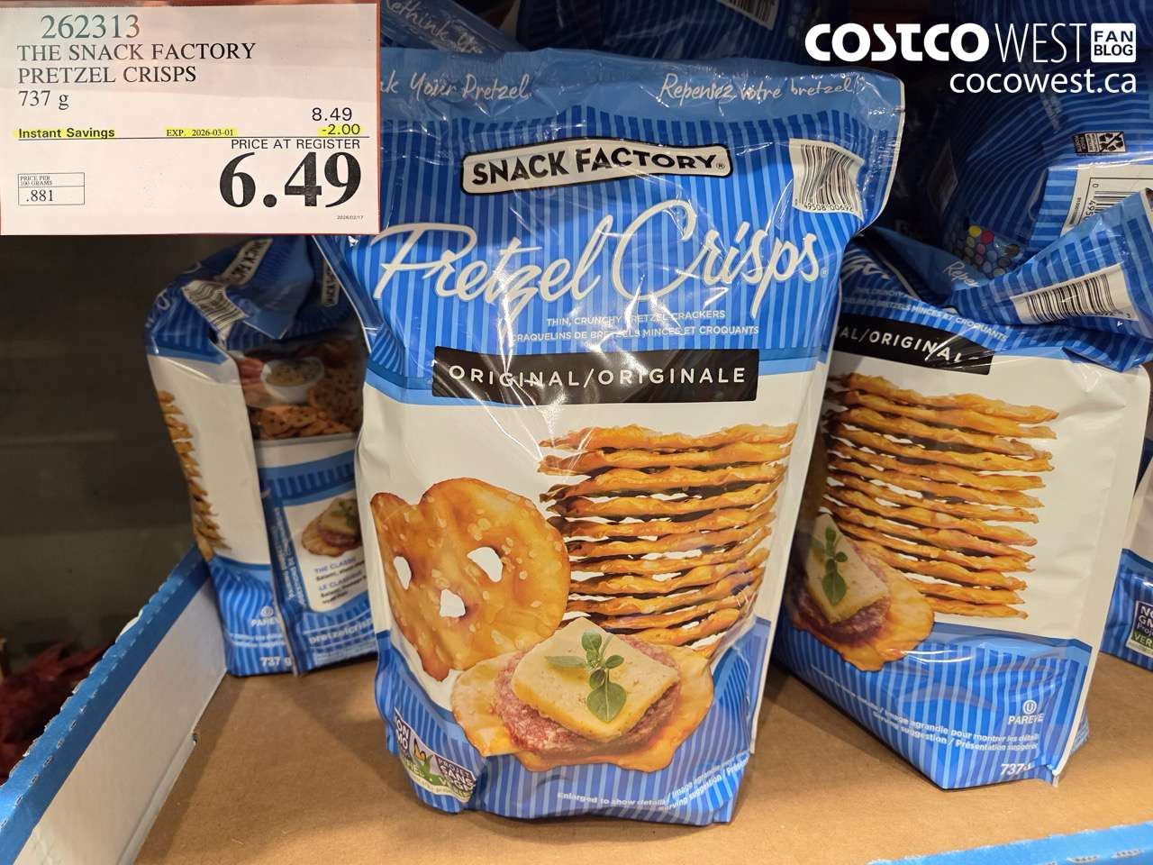 262313 THE SNACK FACTORY PRETZEL CRISPS 737 G ($2.00 INSTANT SAVINGS EXPIRES ON 2026-03-01) $6.49