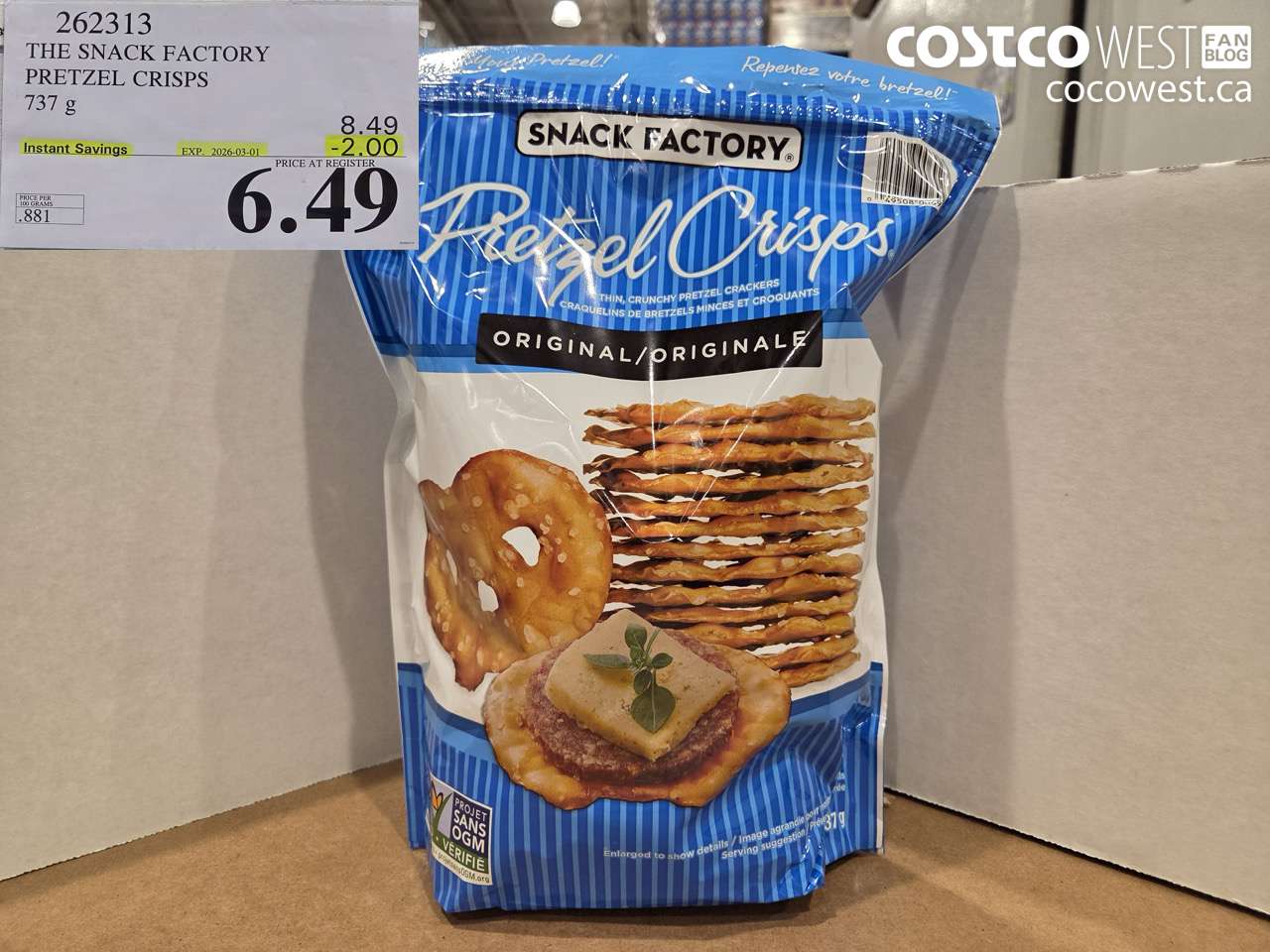 262313 THE SNACK FACTORY PRETZEL CRISPS 737 G ($2.00 INSTANT SAVINGS EXPIRES ON 2026-03-01) $6.49