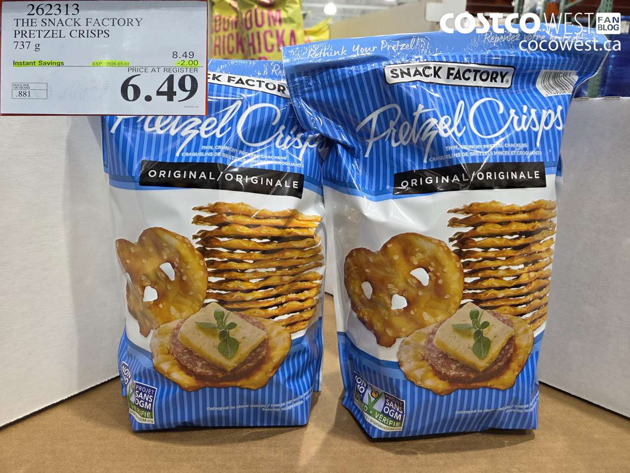262313 THE SNACK FACTORY PRETZEL CRISPS 737 g ($2.00 INSTANT SAVINGS EXPIRES ON 2026-03-01) $6.49