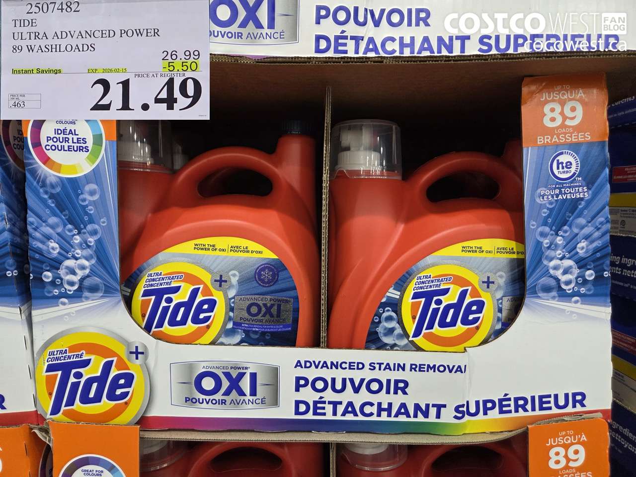 2507482 TIDE ADVANCED POWER LIQUID DETERGENT 4.64 L 89 WASHLOADS ($5.50 INSTANT SAVINGS EXPIRES ON 2026-02-15) $21.49