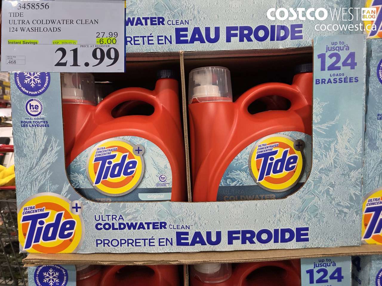 3458556 TIDE ULTRA COLDWATER CLEAN 124 WASHLOADS ($6.00 INSTANT SAVINGS EXPIRES ON 2026-03-15) $21.99