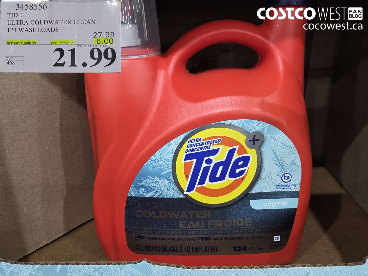 3458556 TIDE ULTRA COLDWATER CLEAN 124 WASHLOADS ($6.00 INSTANT SAVINGS EXPIRES ON 2026-03-15) $21.99