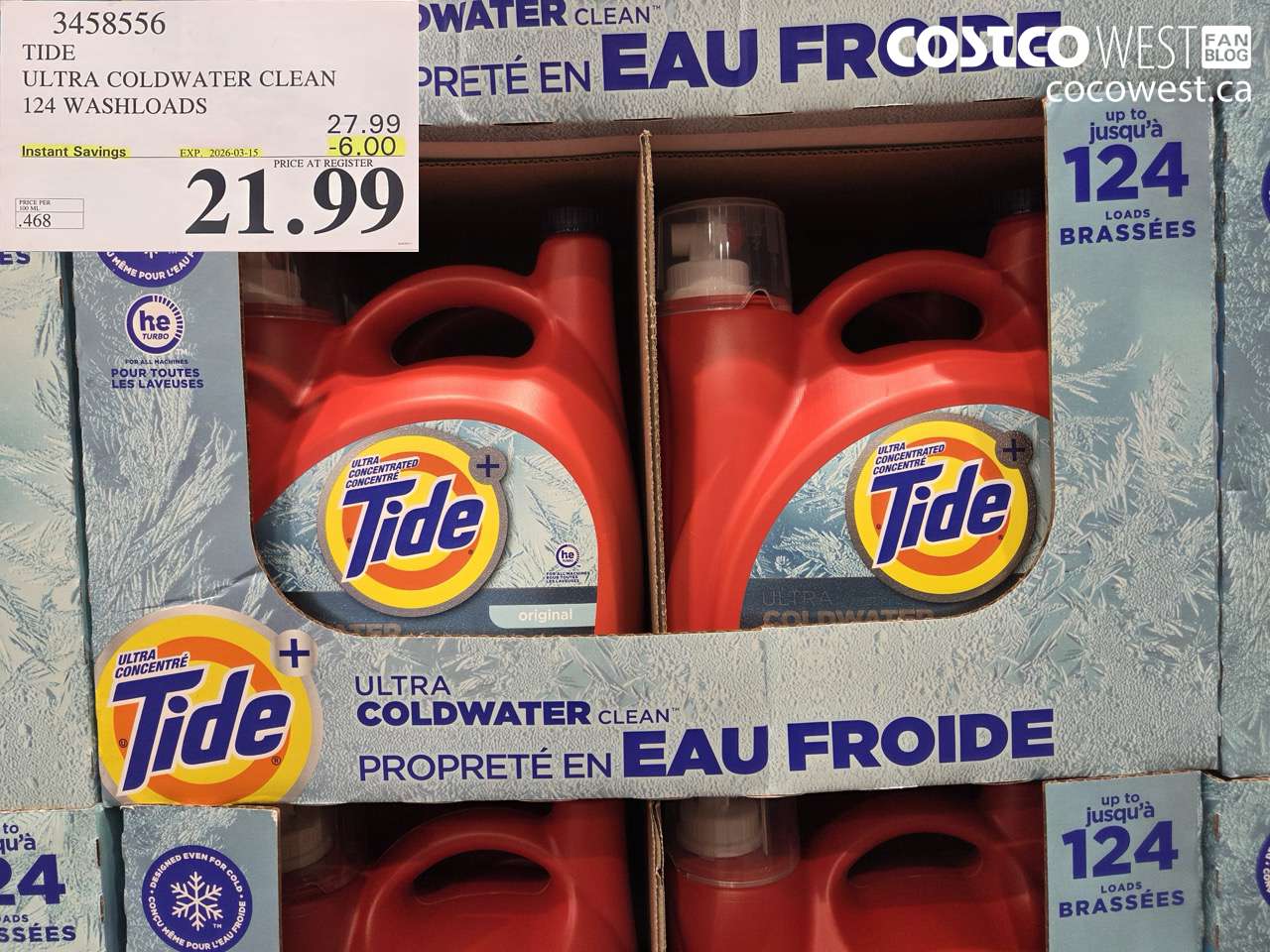 3458556 TIDE ULTRA COLDWATER CLEAN 124 WASHLOADS ($6.00 INSTANT SAVINGS EXPIRES ON 2026-03-15) $21.99
