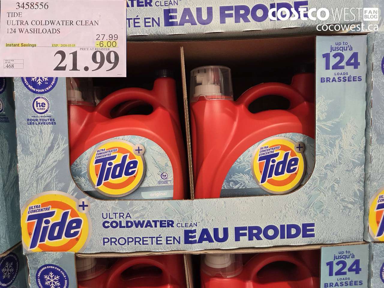 3458556 TIDE ULTRA COLDWATER CLEAN 124 WASHLOADS ($6.00 INSTANT SAVINGS EXPIRES ON 2026-03-15) $21.99