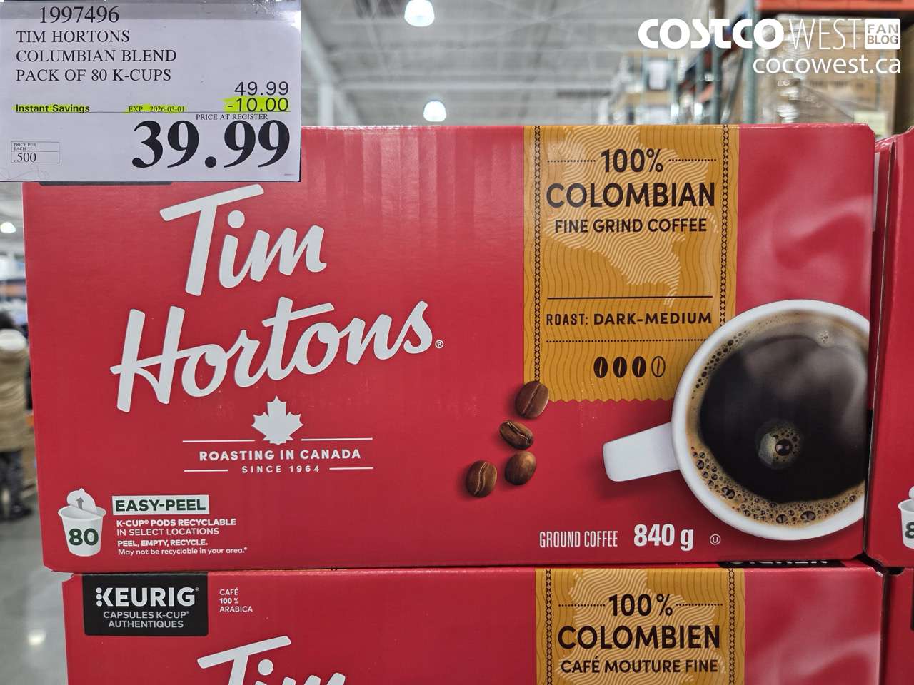 1997496 TIM HORTONS COLUMBIAN BLEND PACK OF 80 K-CUPS ($10.00 INSTANT SAVINGS EXPIRES ON 2026-03-01) $39.99