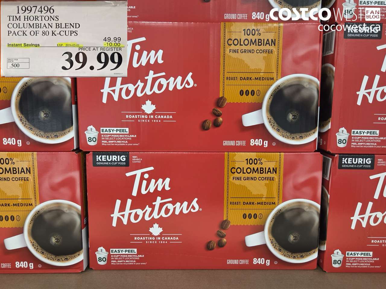 1997496 TIM HORTONS COLUMBIAN BLEND PACK OF 80 K-CUPS ($10.00 INSTANT SAVINGS EXPIRES ON 2026-03-01) $39.99