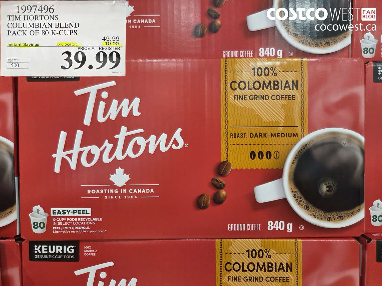1997496 TIM HORTONS COLUMBIAN BLEND PACK OF 80 K-CUPS ($10.00 INSTANT SAVINGS EXPIRES ON 2026-03-01) $39.99