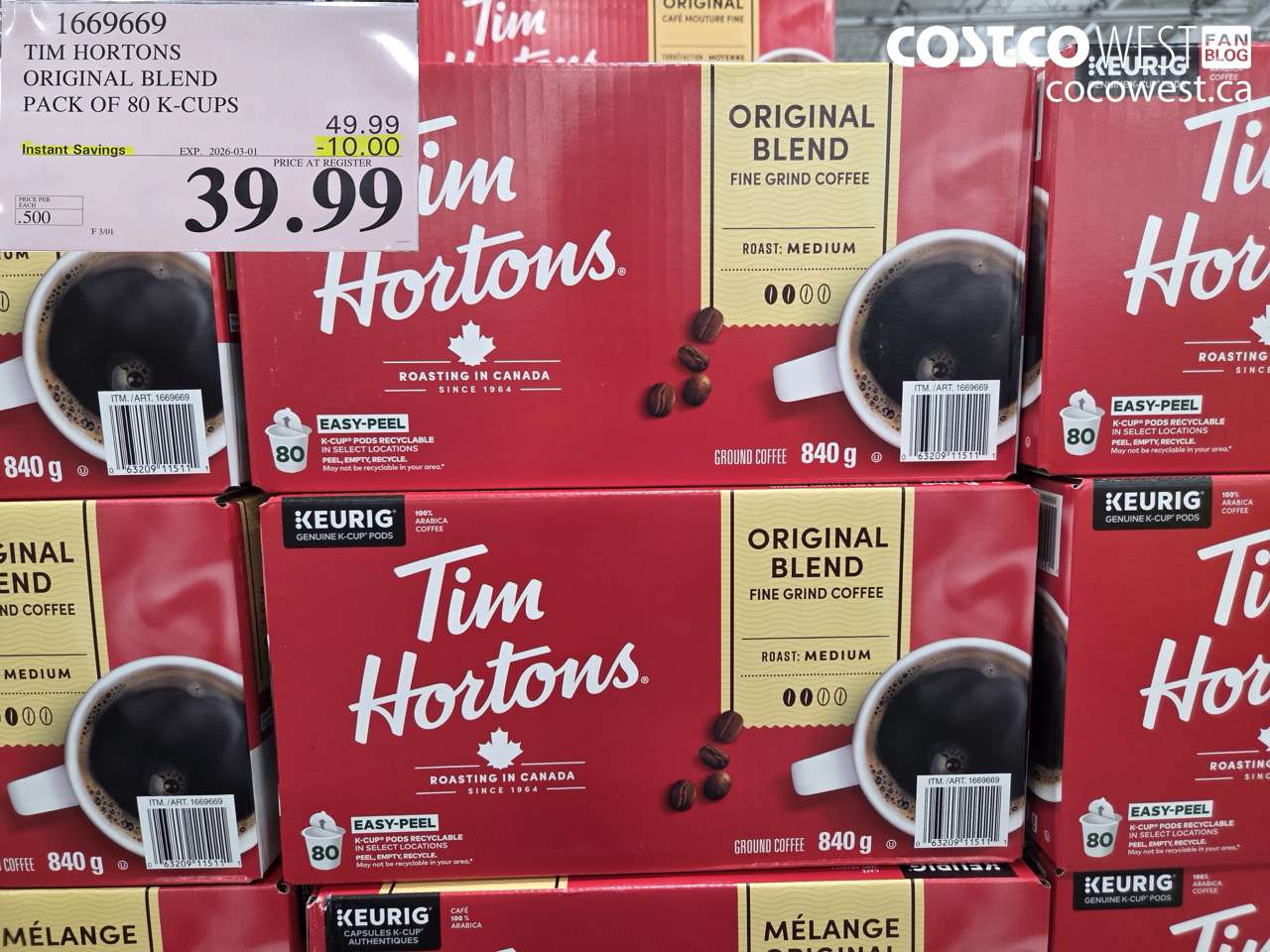 1669669 TIM HORTONS ORIGINAL BLEND PACK OF 80 K-CUPS ($10.00 INSTANT SAVINGS EXPIRES ON 2026-03-01) $39.99