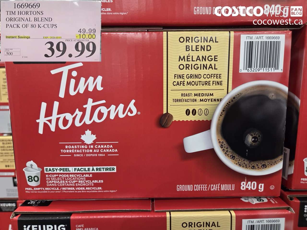 1669669 TIM HORTONS ORIGINAL BLEND PACK OF 80 K-CUPS ($10.00 INSTANT SAVINGS EXPIRES ON 2026-03-01) $39.99