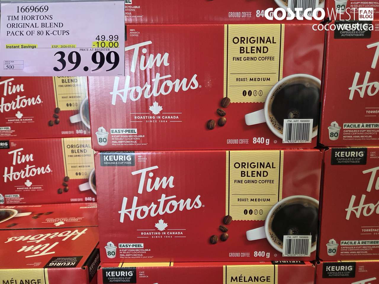 166969 TIM HORTONS ORIGINAL BLEND PACK OF 80 K-CUPS ($10.00 INSTANT SAVINGS EXPIRES ON 2026-03-01) $39.99
