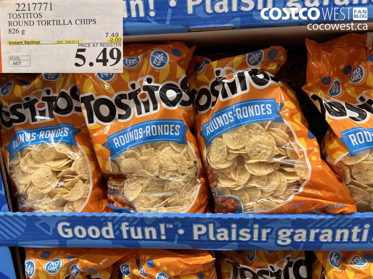 2217771 TOSTITOS ROUND TORTILLA CHIPS 826G ($2.00 INSTANT SAVINGS EXPIRES ON 2026-02-15) $5.49