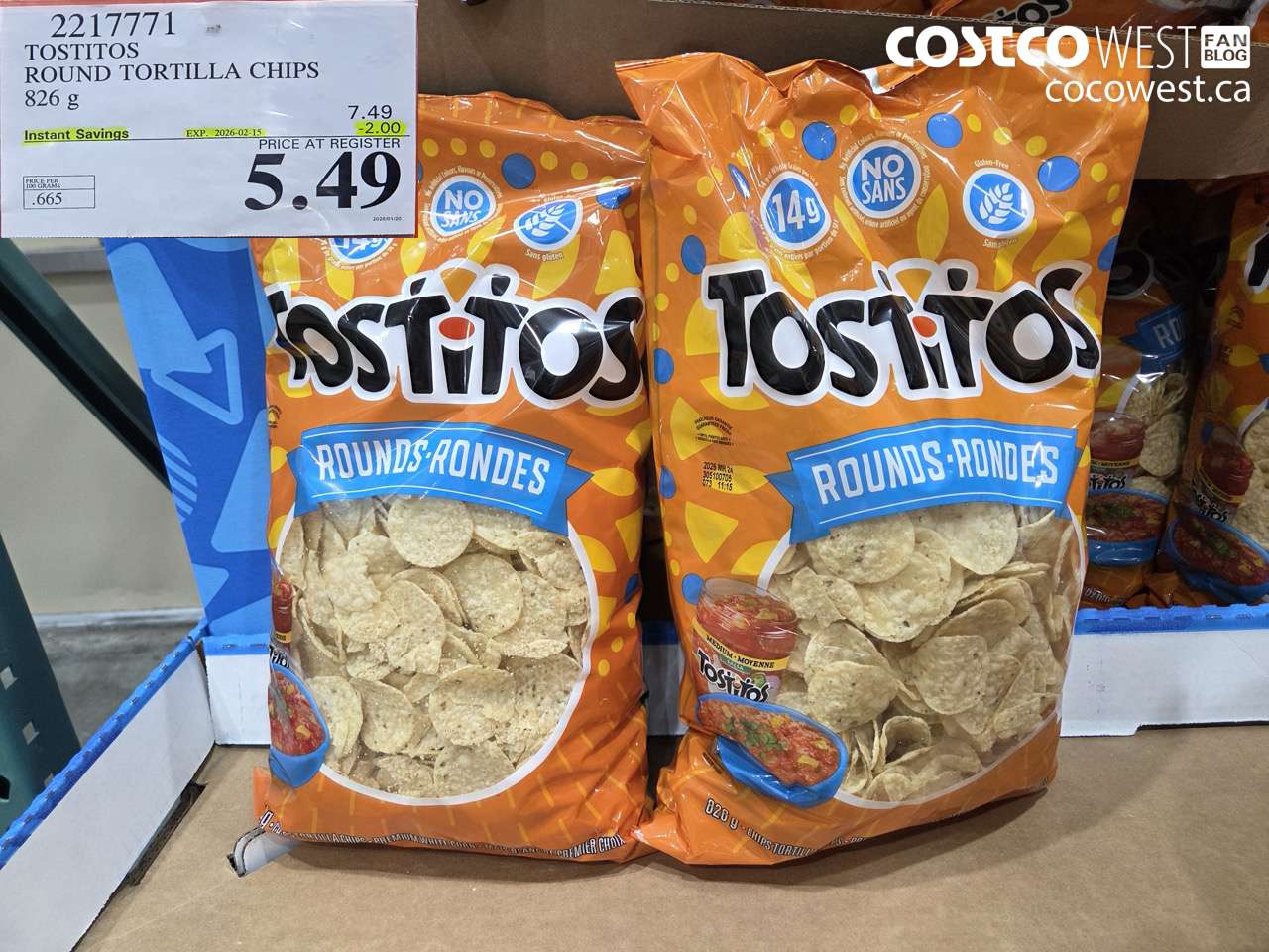 2217771 TOSTITOS ROUND TORTILLA CHIPS 826 G ($2.00 INSTANT SAVINGS EXPIRES ON 2026-02-15) $5.49