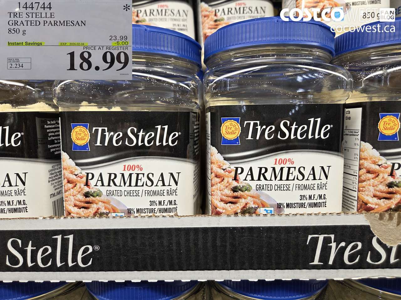 144744 TRE STELLE GRATED PARMESAN 850 g ($5.00 INSTANT SAVINGS EXPIRES ON 2026-02-04) $18.99