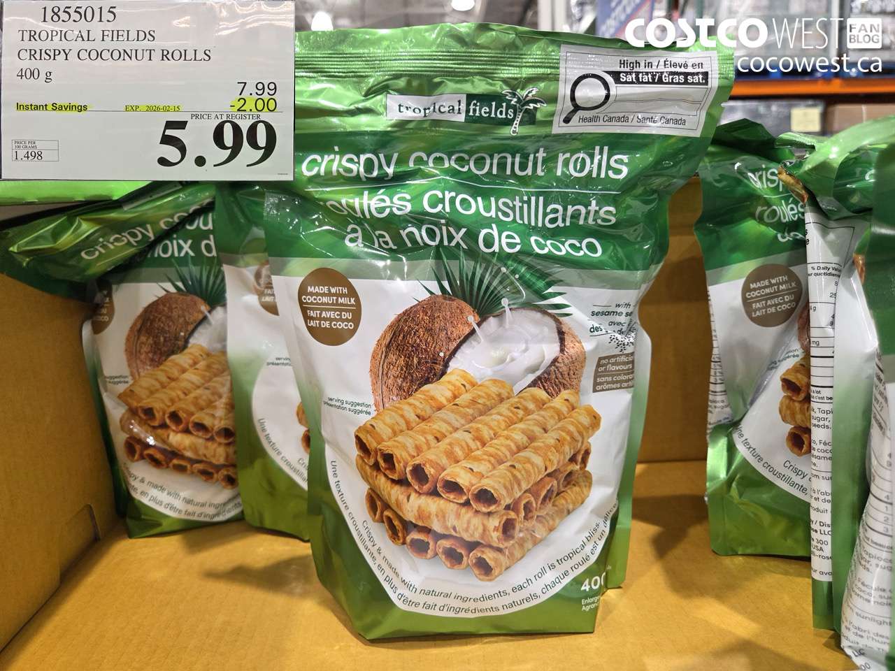 1855015 TROPICAL FIELDS CRISPY COCONUT ROLLS 400 g ($2.00 INSTANT SAVINGS EXPIRES ON 2026-02-15) $5.99