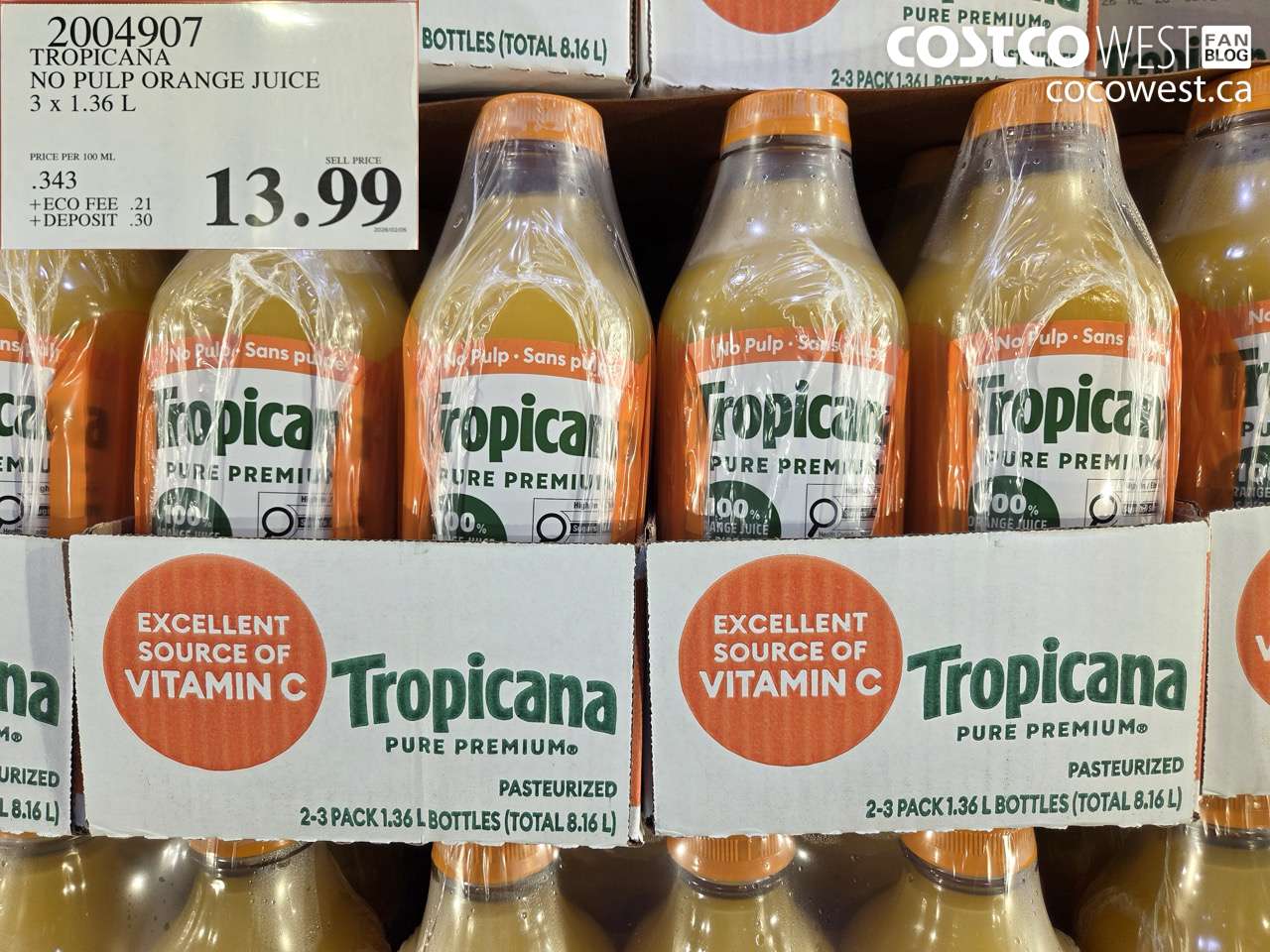 2004907 TROPICANA NO PULP ORANGE JUICE 3 x 1.36 L $13.99