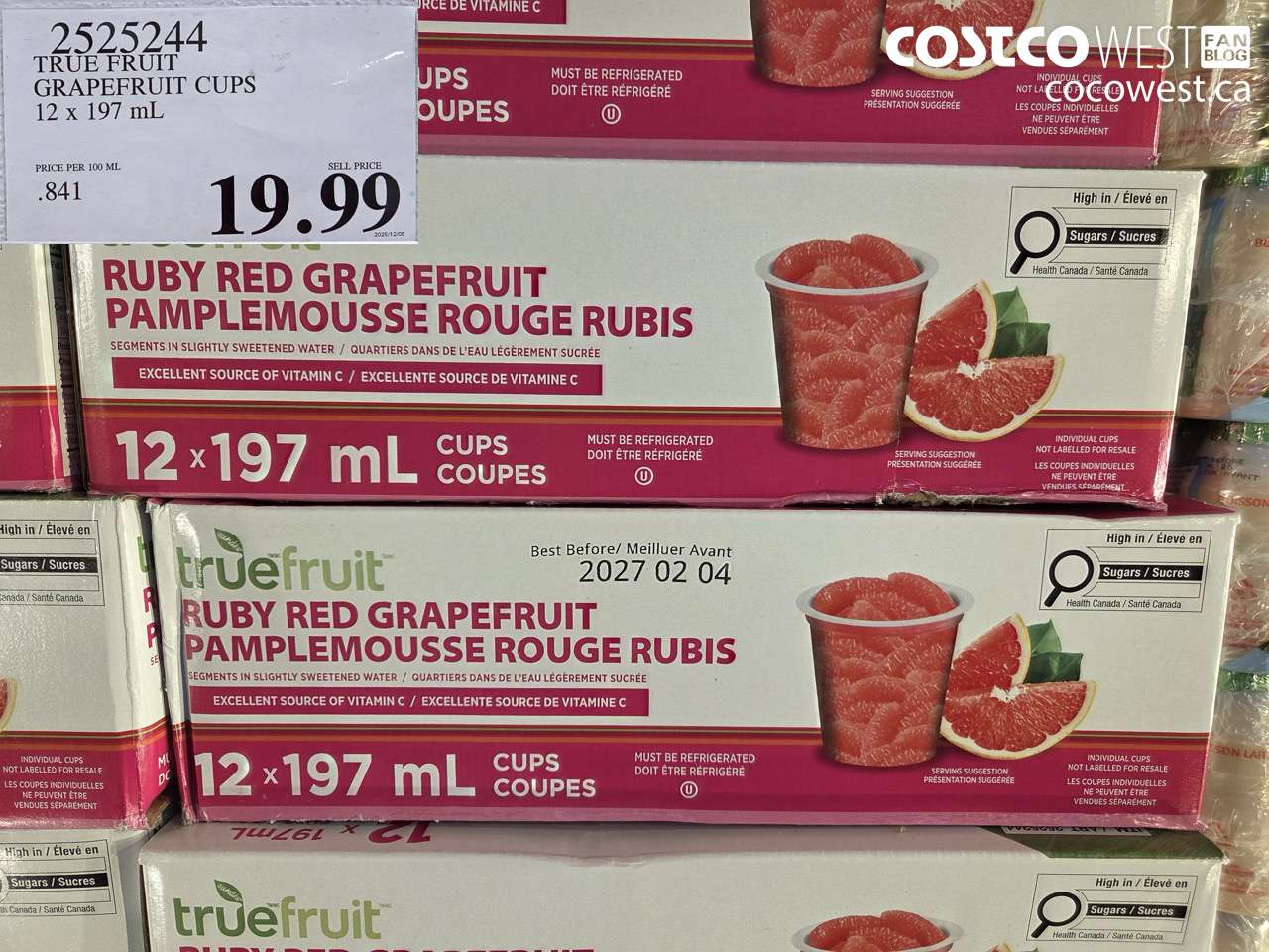 2525244 TRUE FRUIT GRAPEFRUIT CUPS 12 X 197ML $19.99