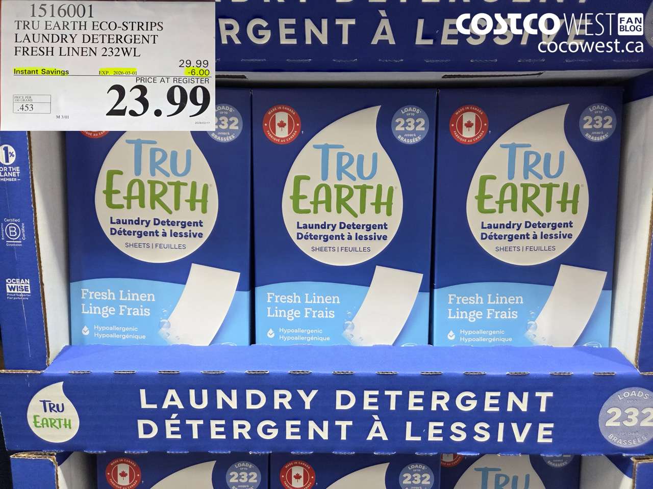 1516001 TRU EARTH ECO-STRIPS LAUNDRY DETERGENT FRESH LINEN 232WL ($6.00 INSTANT SAVINGS EXPIRES ON 2026-03-01) $23.99