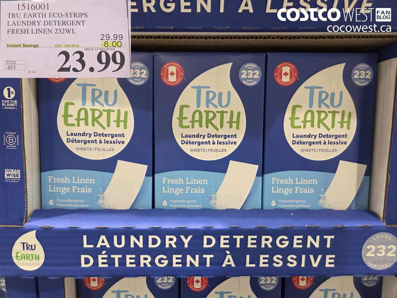1516001 TRU EARTH ECO-STRIPS LAUNDRY DETERGENT FRESH LINEN 232WL ($6.00 INSTANT SAVINGS EXPIRES ON 2026-03-01) $23.99