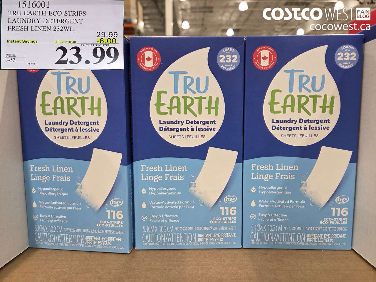 1516001 TRU EARTH ECO-STRIPS LAUNDRY DETERGENT FRESH LINEN 232WL ($6.00 INSTANT SAVINGS EXPIRES ON 2026-03-01) $23.99