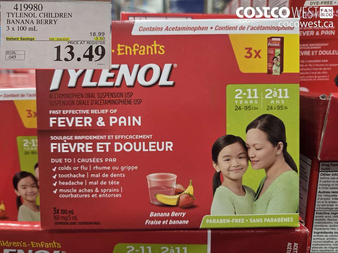 419980 TYLENOL CHILDREN BANANA BERRY 3 X 100 ML ($3.50 INSTANT SAVINGS EXPIRES ON 2026-03-01) $13.49